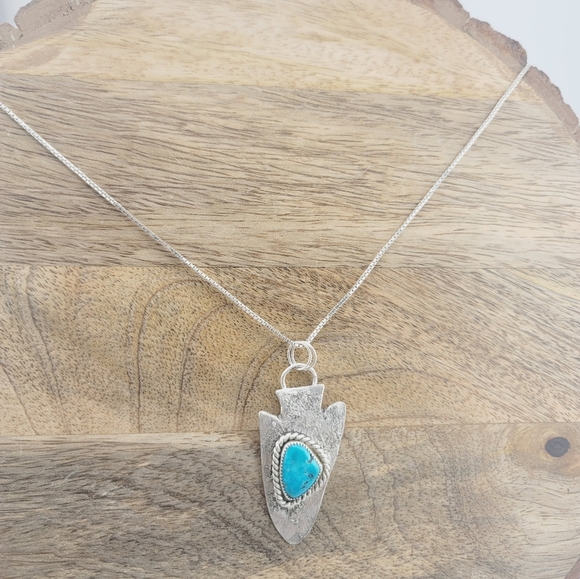 TURQUOISE ARROW NECKLACE HANDMADE IN STERLING SILVER METAL APPROX 18" - Picture 4 of 6